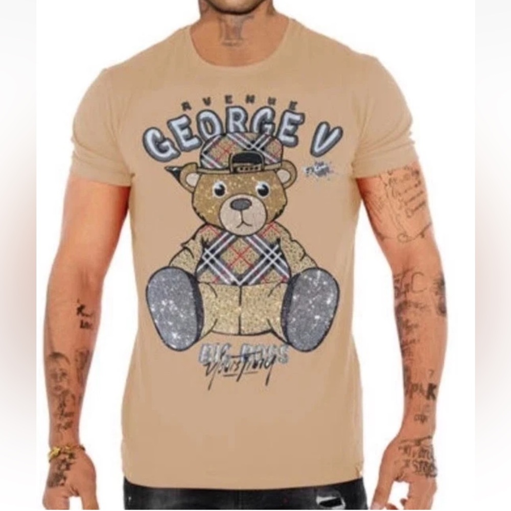 Avenue George V Paris Men's Beige T-Shirt Crystal rhinestone Teddy Bear fitted